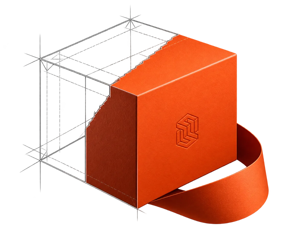 Three interlocked orange pillars, brand sculpture