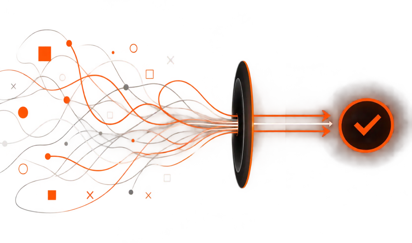 Signal flowing through a lens into a checkmark