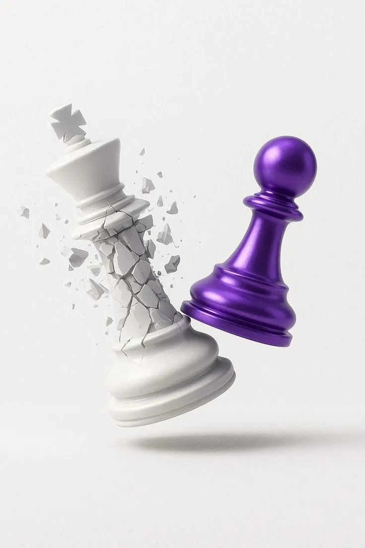 Chess king shattering beside a standing pawn