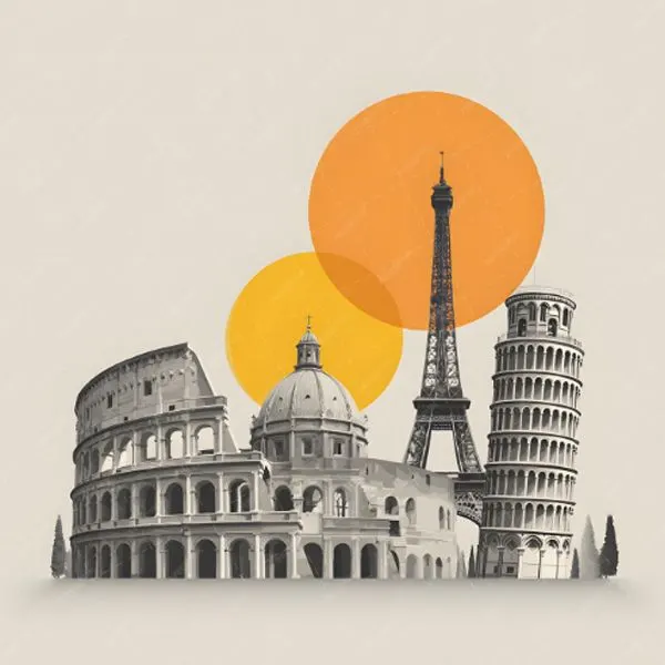 Collage of world landmarks with orange suns