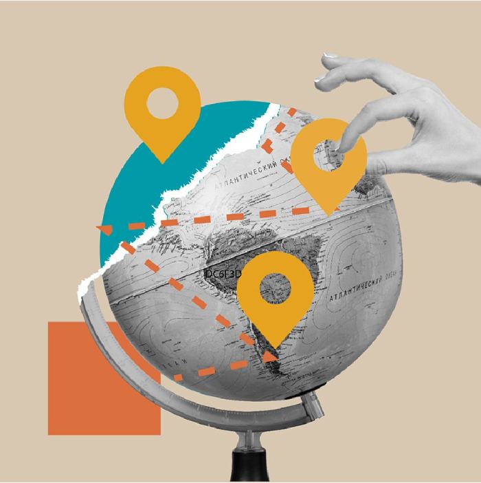 Globe with route pins and dashed lines